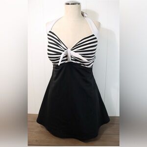 Black and White Striped Halter Retro Swim Dress shorts/skirted bottom 3x